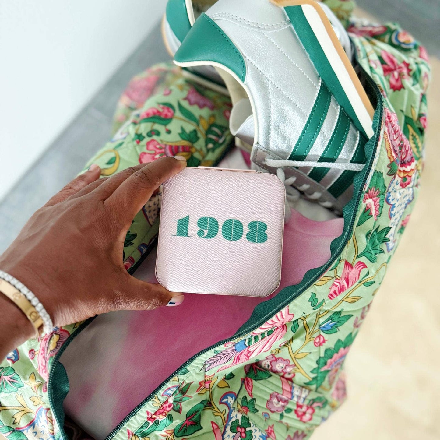 Travel Jewelry Box- Sisterhood- 1908: Pink box + green