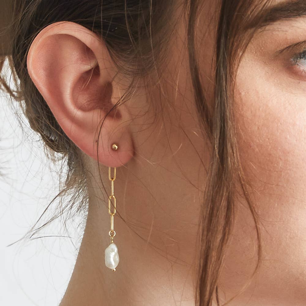 14k Gold Filled Pearl Natural Gemstone Chain Jacket Earrings - Birthstone Jewelry