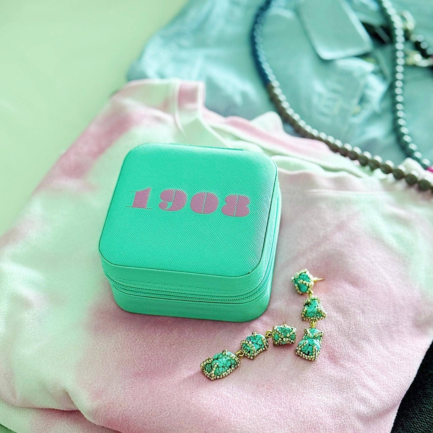 Travel Jewelry Box- Sisterhood- 1908: Pink box + green