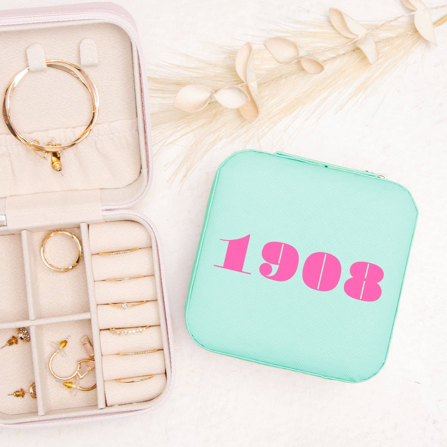 Travel Jewelry Box- Sisterhood- 1908: Pink box + green