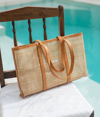 Everyday Carryall Rattan Leather Tote: Tan