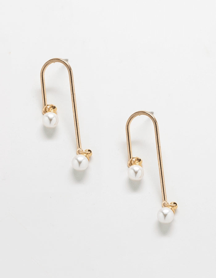 Gold Pearl Curve Bar Earrings