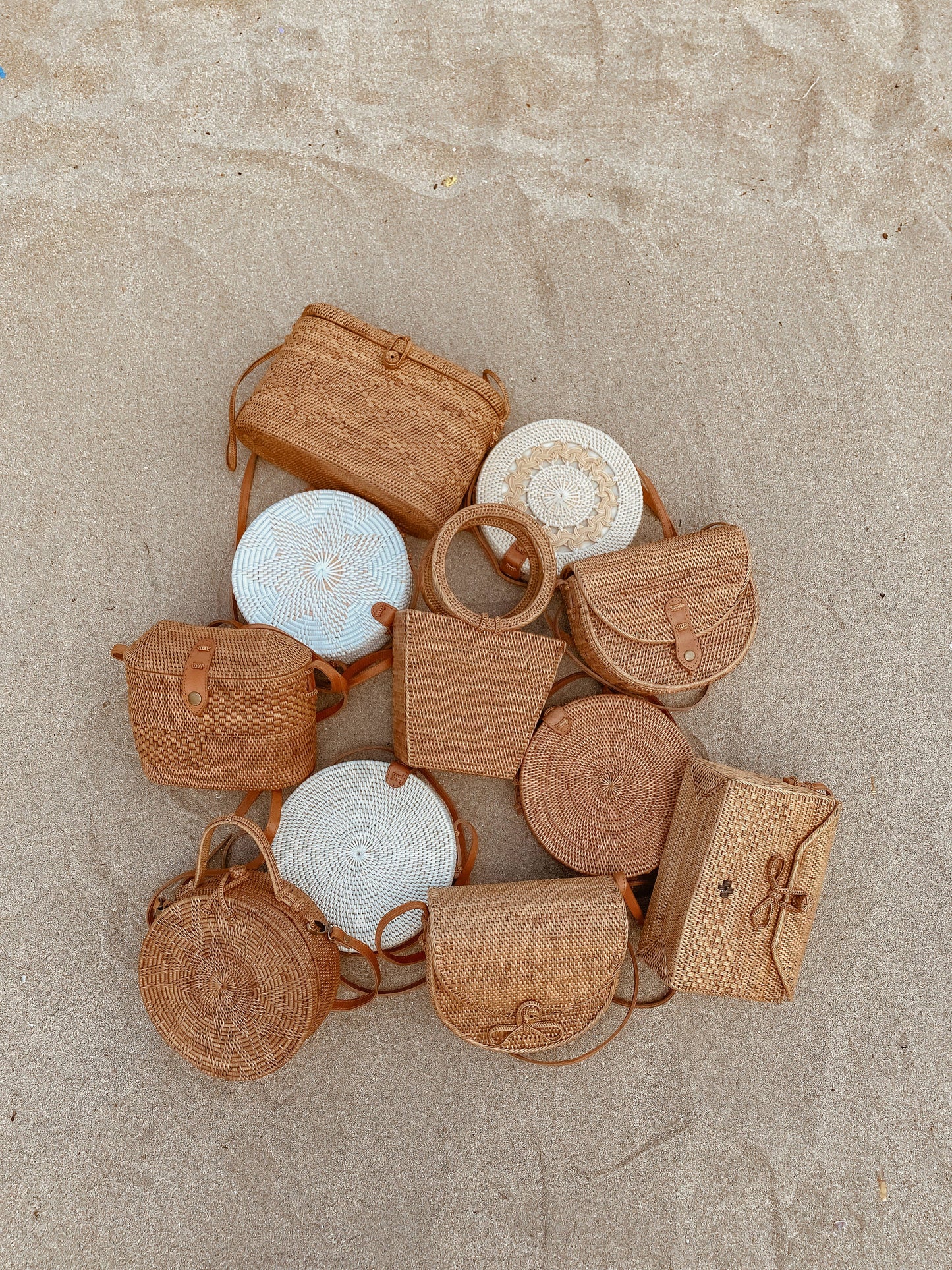 White Rattan Round Basket Bag
