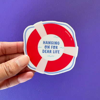 Hanging On life preserver vinyl sticker | waterproof