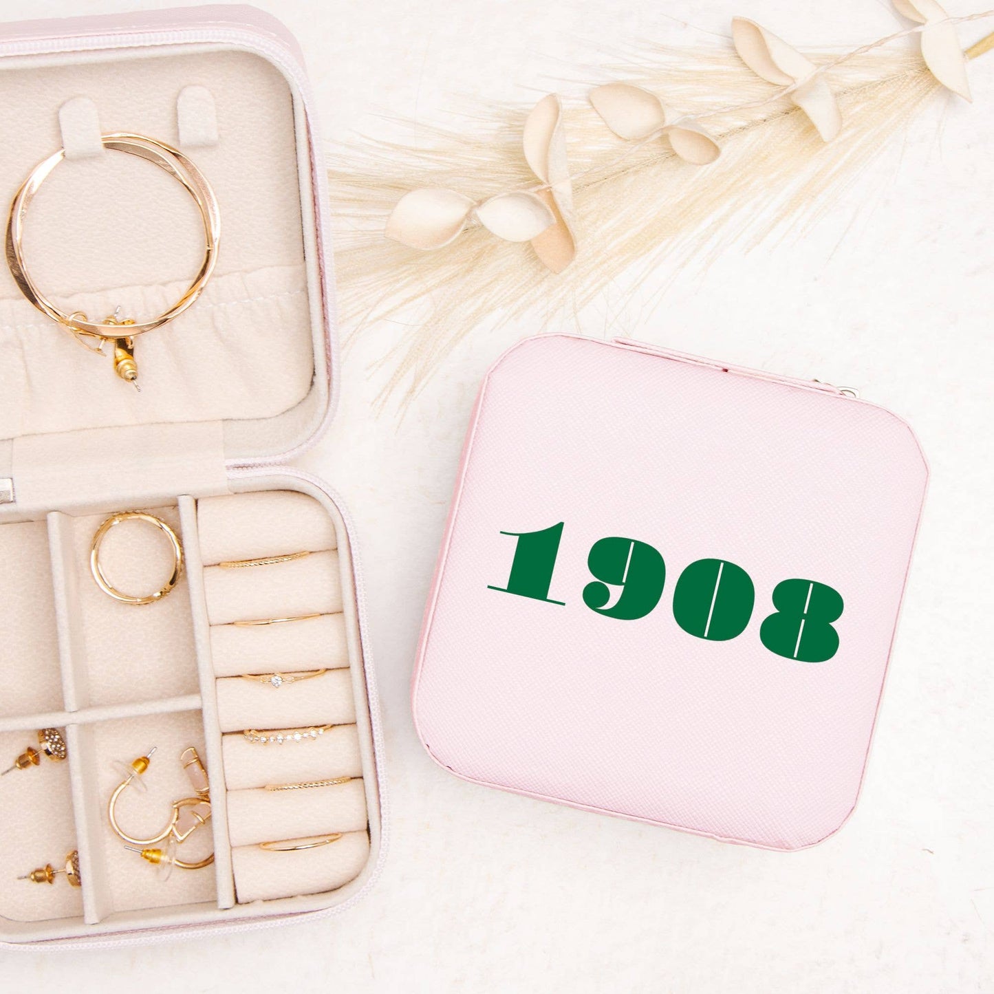 Travel Jewelry Box- Sisterhood- 1908: Pink box + green