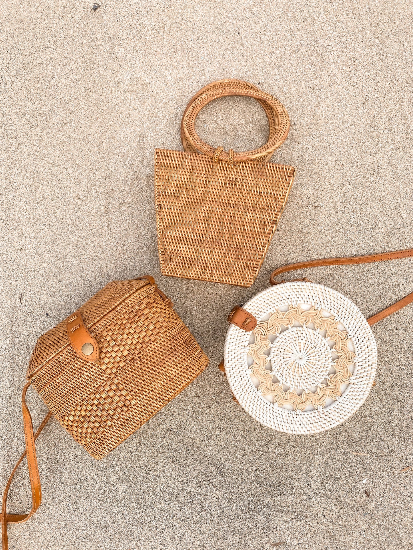 White Rattan Round Basket Bag