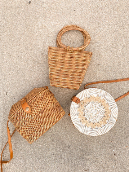 White Rattan Round Basket Bag