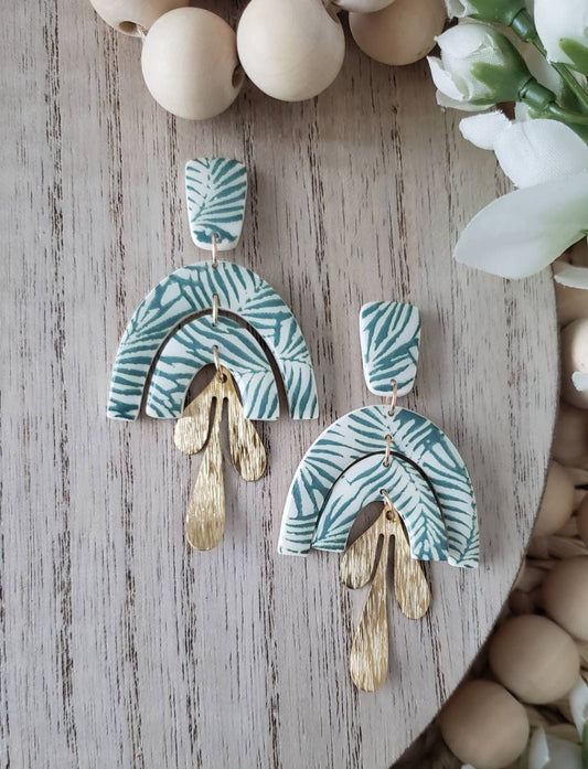 Rainbow Leaf | Polymer Clay Green White Gold Leaf Earrings